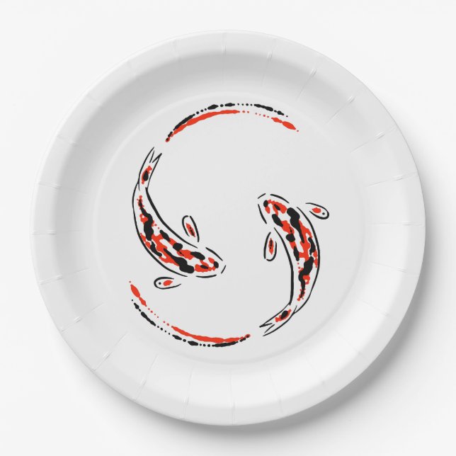 Schwarz & Rot Japanisch Koi Fisch Künstlerisch Pappteller (Vorderseite)