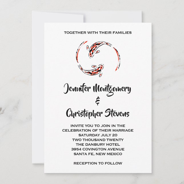 Schwarz-Rot-Japanisch-Koi-Hochzeit Einladung (Vorderseite)