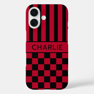 Schwarz-rot kariert gestreift personalisiert iPhone 16 hülle