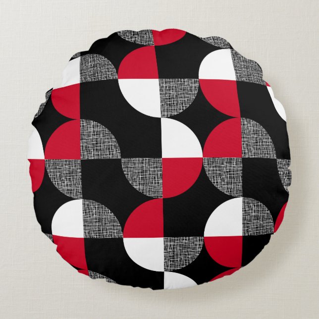 Schwarz, rot, kariertes geometrisches Muster. Rundes Kissen (Vorderseite)