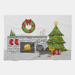 Schwarz-Rot-Kurzhaar-Dackel-Weihnachtszimmer Geschirrtuch