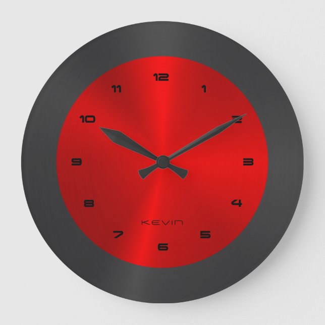 Schwarz & Rot & Metallisches Edelstahlaussehen Große Wanduhr (Vorderseite)