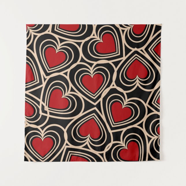 Schwarz/Rot Niedlich Einfaches Herzmuster Wandteppich (Vorderseite)