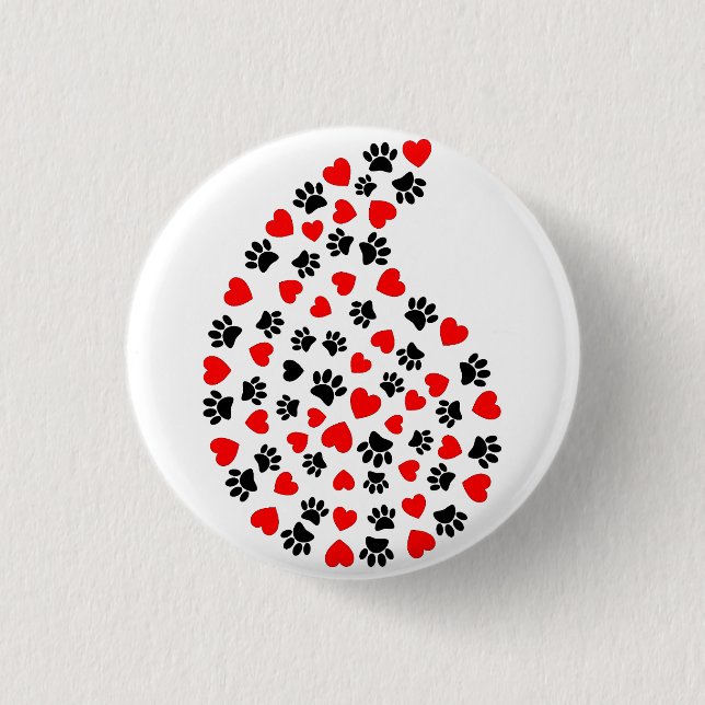 Schwarz-Rot-Paw-Druck und Herz Paisley Print Button (Vorderseite)