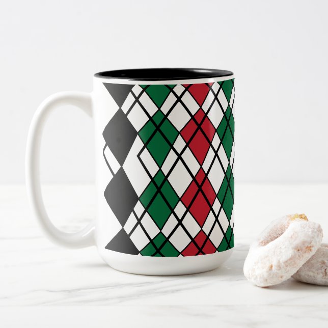 Schwarz-Rot-Raute-Muster Zweifarbige Tasse (Mit Donut)