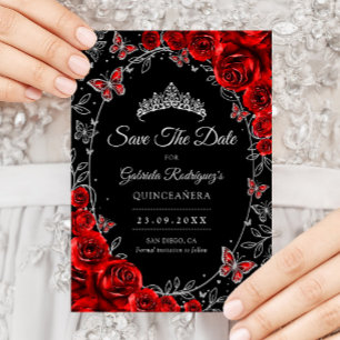 Schwarz Rot Silber Quinceanera Save The Date