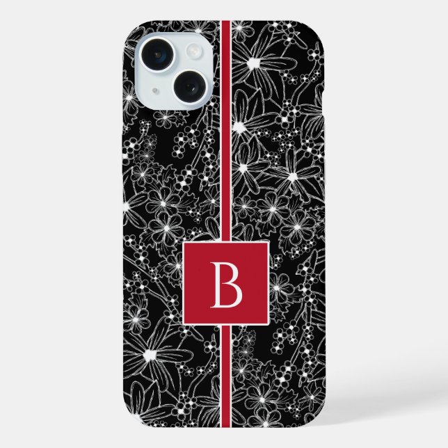 Schwarz-Rot-Sketch-Monogramm iPhone 15 Plus Hülle (Rückseite)