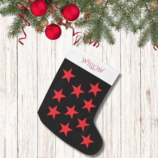 Schwarz-Rot-Sterne-Muster Modernes Monogramm Großer Weihnachtsstrumpf (Von Creator hochgeladen)