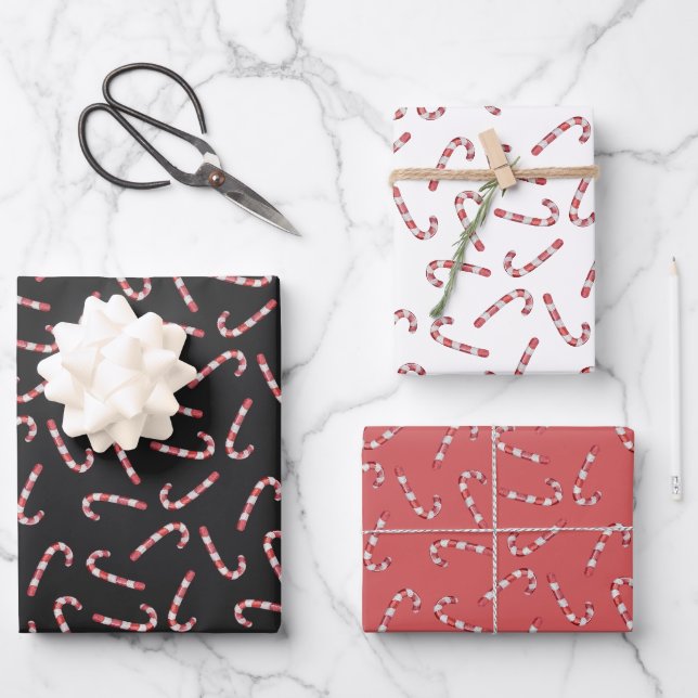 Schwarz Rot Traditionelle Candy Cane Weihnachten Geschenkpapier Set (Vorderseite)