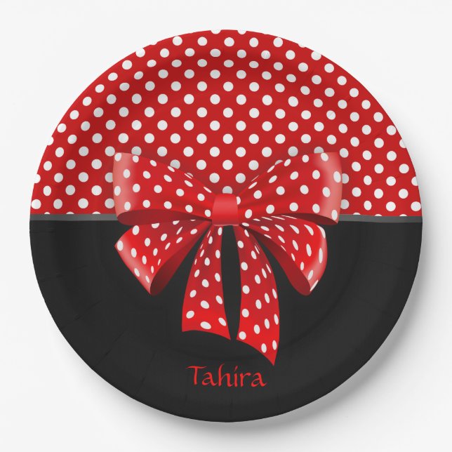 Schwarz, Rot und Weiß Polka Dots Ribbon Pappteller (Vorderseite)