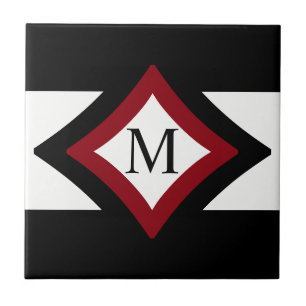 Schwarz, Rot und Weiß Stilvolle Diamant-Monogramm Fliese