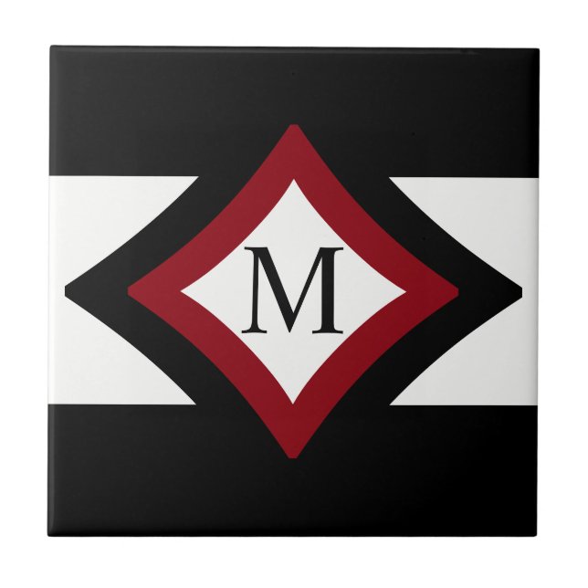Schwarz, Rot und Weiß Stilvolle Diamant-Monogramm Fliese (Vorderseite)