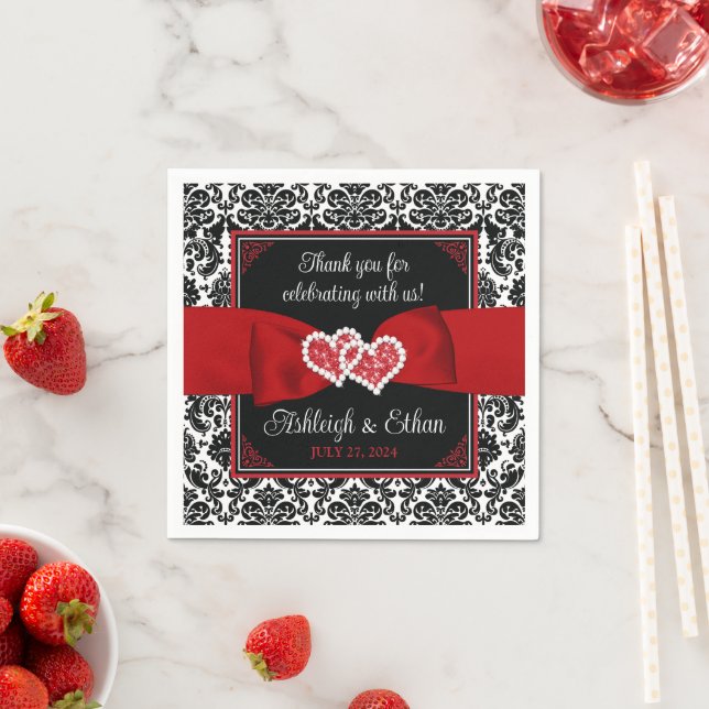 Schwarz, Rot, Weiße Damast Liebe Herz Hochzeit Serviette (Beispiel)