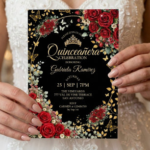 Schwarz-Rote Quinceañera Goldene Schmetterlinge Ro Einladung