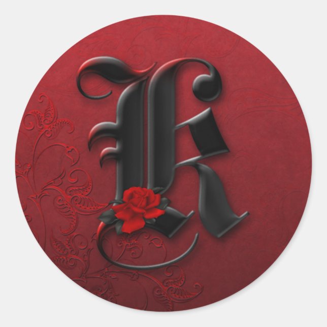 Schwarz-Rote Rose-Monogramm-K-Aufkleber Runder Aufkleber (Vorderseite)