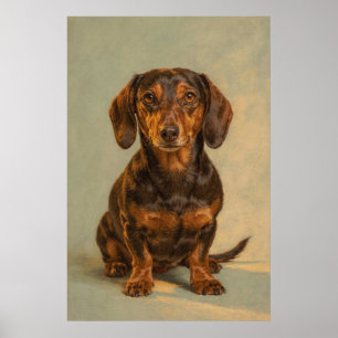 Schwarz-roter Dachshund-Porträt auf warmem Salbei Poster