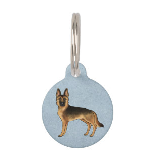 Schwarz-roter deutscher Schäferhund auf Blau Haustiermarke