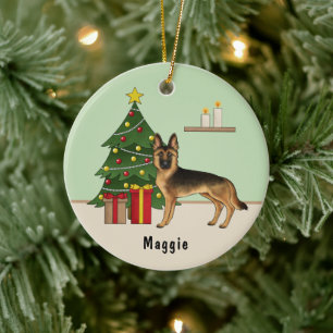 Schwarz-roter deutscher Schäferhund Weihnachtsbaum Keramik Ornament