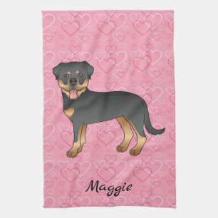 Schwarz-roter Rottweiler auf rosa Herzen & Name Geschirrtuch