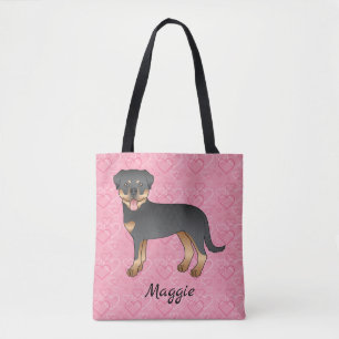 Schwarz-roter Rottweiler auf rosa Herzen & Name Tasche