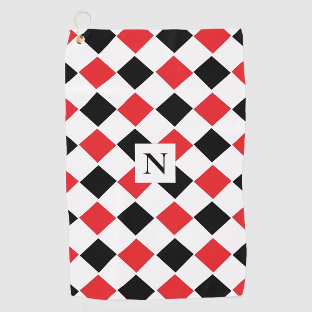 Schwarz-Rotes Argyle-Muster-Monogramm Golfhandtuch (Vorderseite)