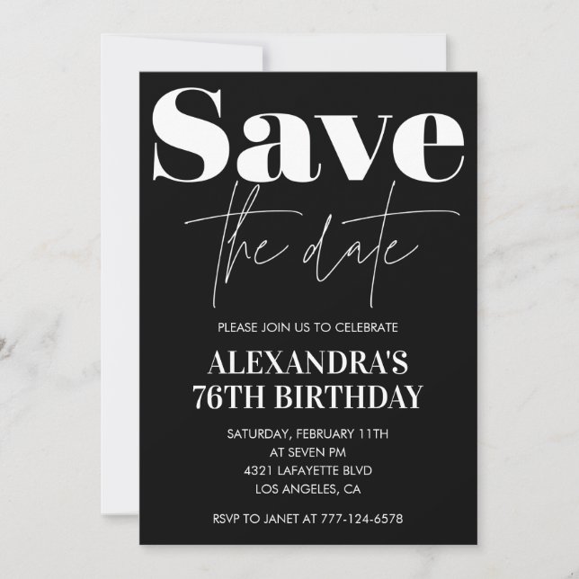 Schwarz Save the Date 76. Geburtstag Einladung (Vorderseite)