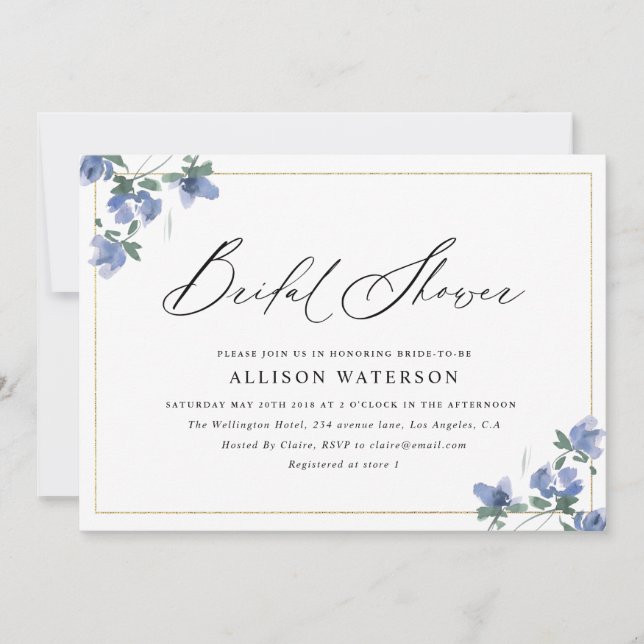 Schwarz-Schrift-Blau-Blumenmuster-Brautparty Einladung (Vorderseite)
