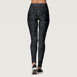 Schwarz-Schwarz-Flora-Wirbel Damask Leggings