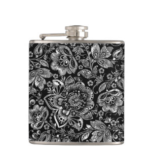 Schwarz & Shiny Silver Blume Damaskus Muster Flachmann