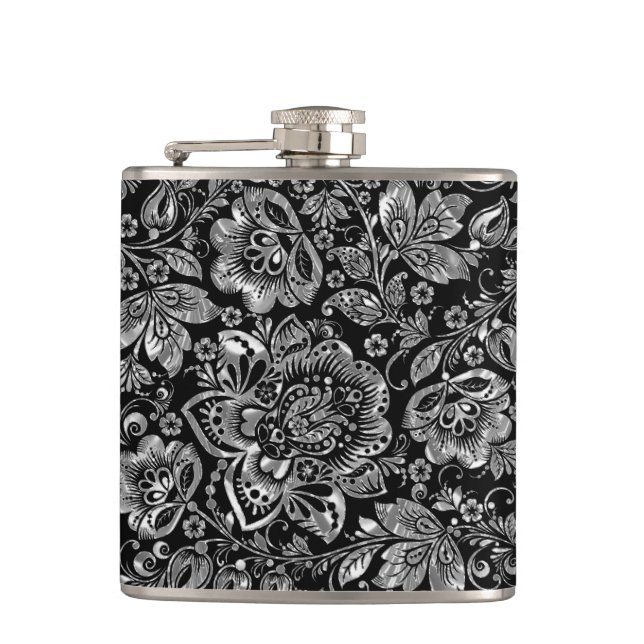 Schwarz & Shiny Silver Blume Damaskus Muster Flachmann (Vorderseite)