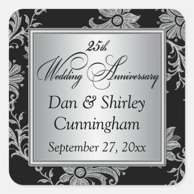 Schwarz, Silber 25. Hochzeitsticker 2 Quadratischer Aufkleber (Vorderseite)