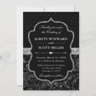Schwarz-Silber Art Deco Glitzer Hochzeit Einladung