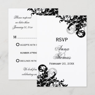 Schwarz-Silber-Blüh-RSVP-Karten für Hochzeiten RSVP Karte