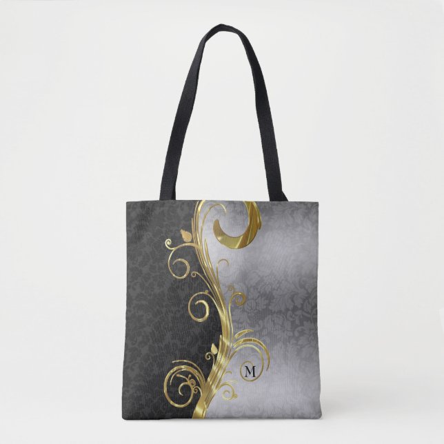 Schwarz-Silber-Damast und Goldrausch Tasche (Vorderseite)