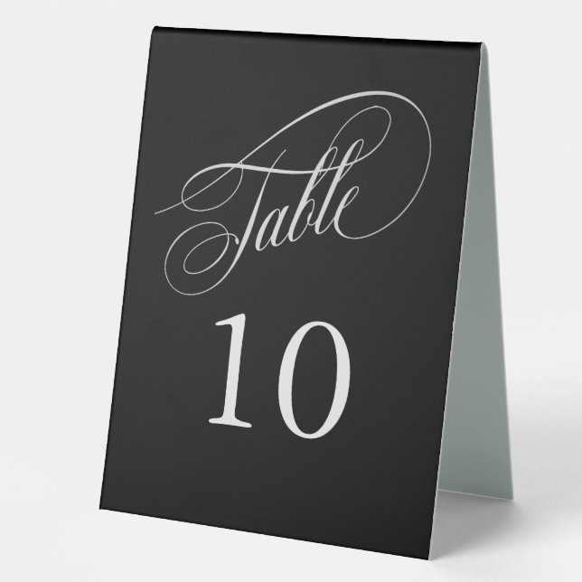 Schwarz-Silber-Elegante Kalligraphie-Tischnummern Tischaufsteller (Vorderseite)