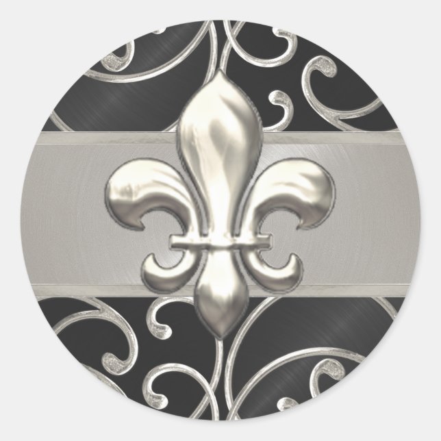 Schwarz-Silber-Filigree-Wirbel Lilie Runder Aufkleber (Vorderseite)