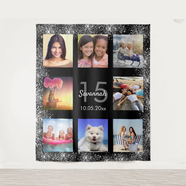 Schwarz-Silber-Glitzer-Collage aus Quinceanera-Fot Wandteppich (Vorderseite)