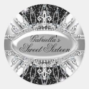 Schwarz & Silber Glitzer-Diamant Sweet 16 Aufklebe Runder Aufkleber