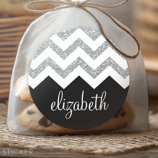 Schwarz-Silber-Glitzer Drucken Zickzack und Name Runder Aufkleber (Custom Sticker for Party Favors and Envelopes)
