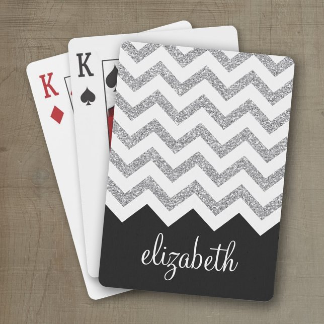Schwarz-Silber-Glitzer Drucken Zickzack und Name Spielkarten (Personalized playing cards with a zig zag pattern and a place for a name or monogram)