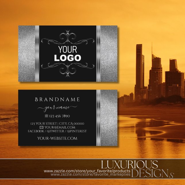 Schwarz-Silber-Glitzer mit Logo Verziert Visitenkarte (Von Creator hochgeladen)