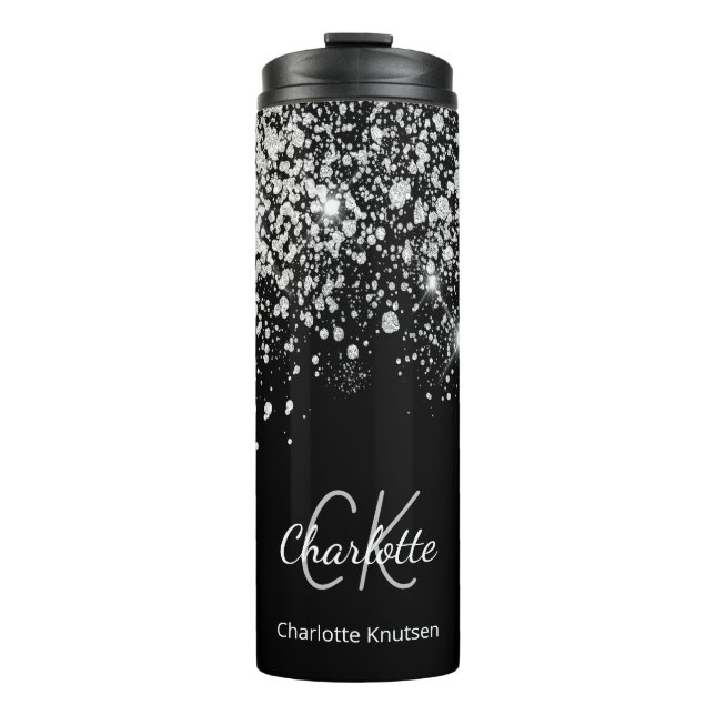 Schwarz-Silber-Glitzer-Monogramm-Name-Funkeln Thermosbecher (Vorderseite)