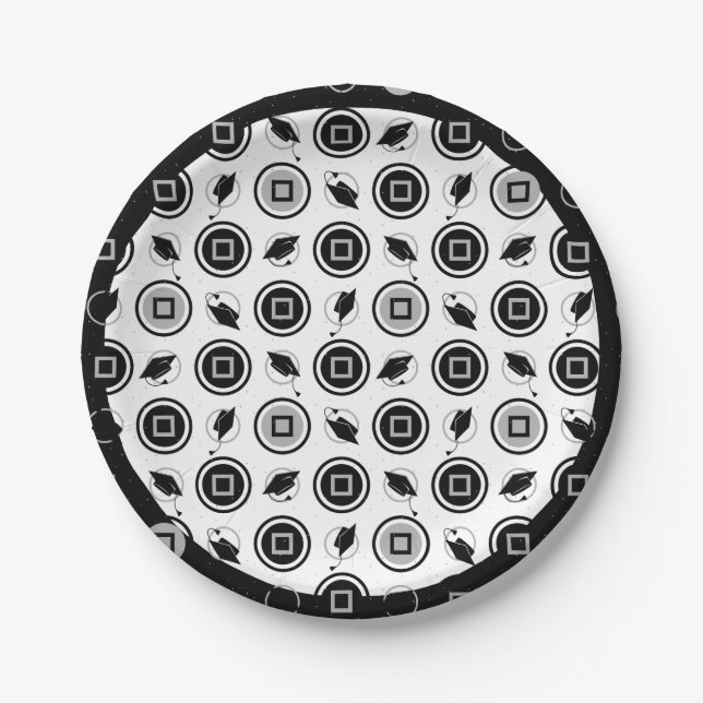 Schwarz-Silber-Graduierungs-Cap-Muster Pappteller (Vorderseite)