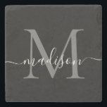 Schwarz-Silber-Grau-Monogramm-Femininskriptname Steinuntersetzer<br><div class="desc">Eleganter,  moderner Schwarz-Silber-Slate-Gray Monogram Feminine Script Name Stone Untersetzer</div>