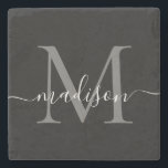 Schwarz-Silber-Grau-Monogramm-Femininskriptname Steinuntersetzer<br><div class="desc">Eleganter, moderner Schwarz-Silber-Slate-Gray Monogram Feminine Script Name Stone Untersetzer</div>