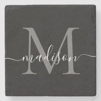 Schwarz-Silber-Grau-Monogramm-Femininskriptname Steinuntersetzer