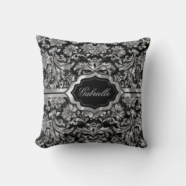 Schwarz-Silber-Graue Floral-Damasken, monogramiert Kissen (Vorderseite)