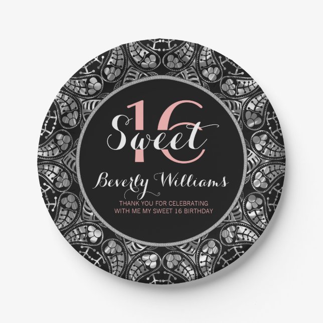 Schwarz & Silber Gray Blütenspitze Sweet 16 Pappteller (Vorderseite)