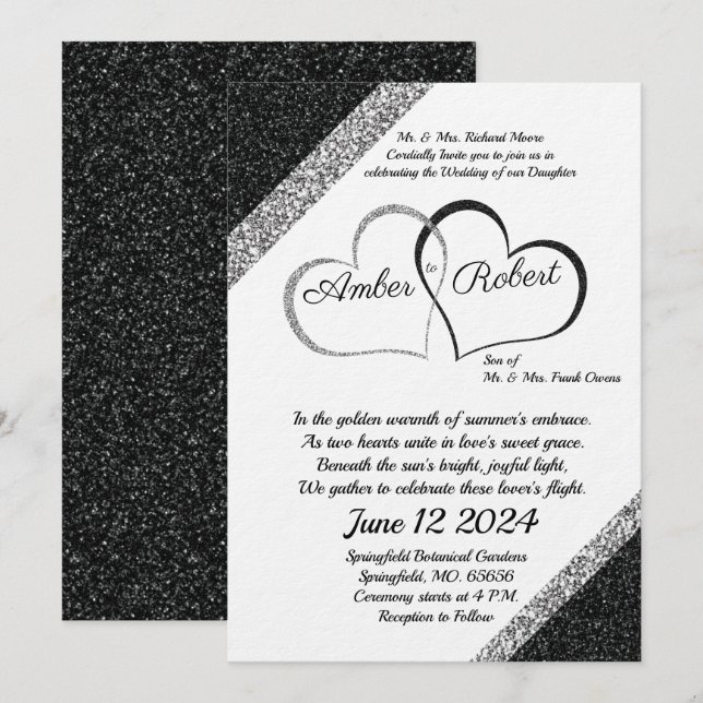 Schwarz-Silber-Hochzeit-Einladung mit Herzgedicht Einladung (Vorne/Hinten)