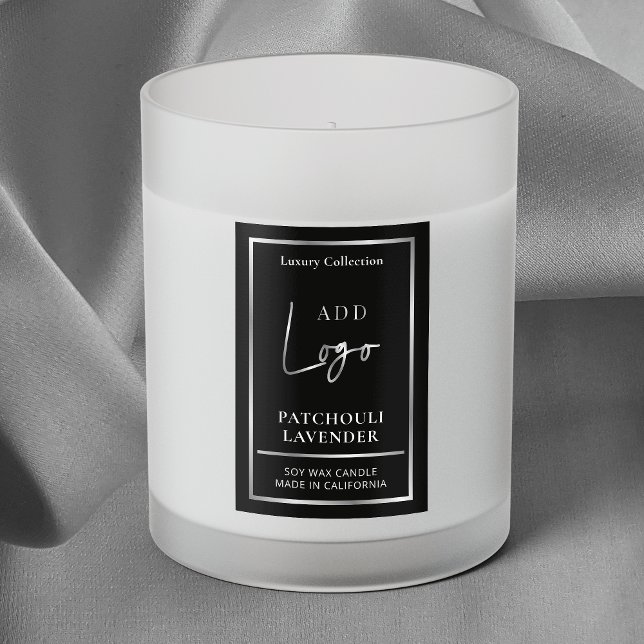 Schwarz-Silber-Logo Elegantes vertikales Label für Lebensmitteletikett (Modern vertical product label with black background and faux silver effects)